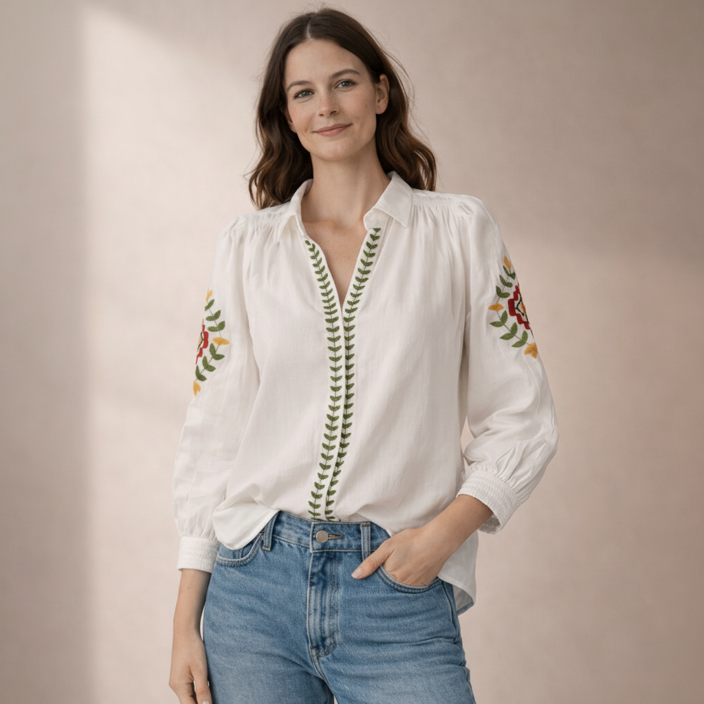 Chemise blanche brodée vert